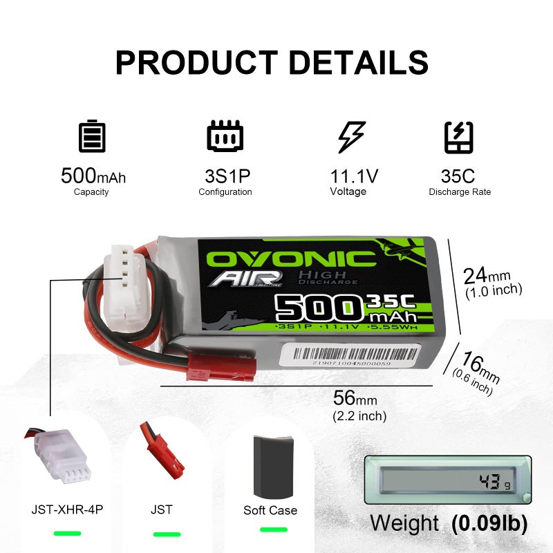 Ovonic 3S Lipo Battery 35C 500Mah 11.1V Lipo Battery With Jst Connector For Rc Airplane Helicopter Quadcopter Fpv Racing Drone(2 Packs) - Image 2
