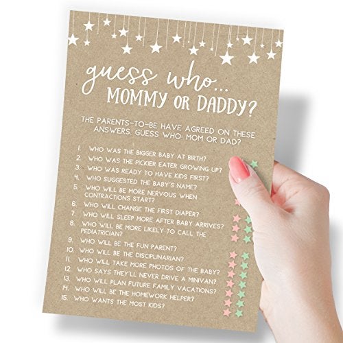 Printed Party Baby Shower Games – Guess Who Mommy or Daddy Game for Boy or Girl, Rustic Kraft Paper Theme, 50 Cards - Image 2