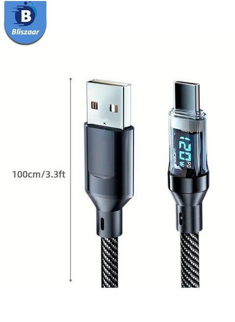 USB to Type-C Fast Charging Cable with LCD Display, Type-C Cable, 1m Black