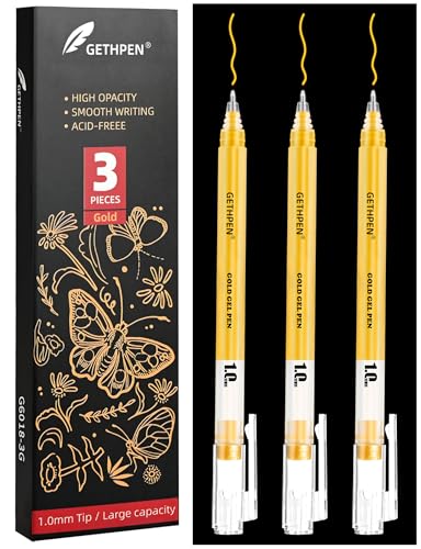 GETHPEN Gold Gel Pens, 1.0 mm Extra Fine Point Gel Ink Pens, Opaque Gold Archival Ink Pens for Black Paper Drawing, Sketching, Card Making, White Gel Pen for Artists Drawing, 3 Pack - Image 1