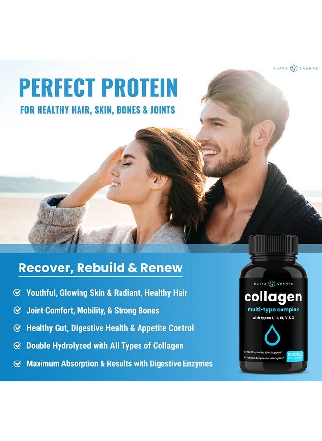NutraChamps Multi Collagen Pills ; Types Iiiiiivx ; Double Hydrolyzed Collagen Peptides Powder Capsules ; Healthy Skin Hair Nails Joints ; Keto Protein Supplement For Women & Men ; 180 Capsules (2 Pack)  - Image 4
