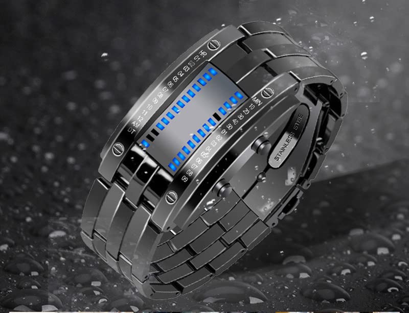 Reginald Mens Binary Watches for Men Matrix Dial Cool Watches Outdoor Sport Casual Square Blue LED Watches Stainless Steel Bracelet Watch Men Watches - Image 3