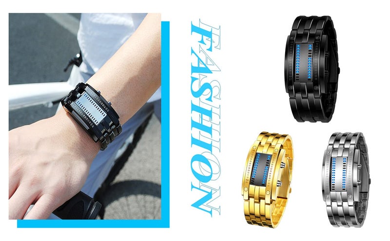 Reginald Mens Binary Watches for Men Matrix Dial Cool Watches Outdoor Sport Casual Square Blue LED Watches Stainless Steel Bracelet Watch Men Watches - Image 4