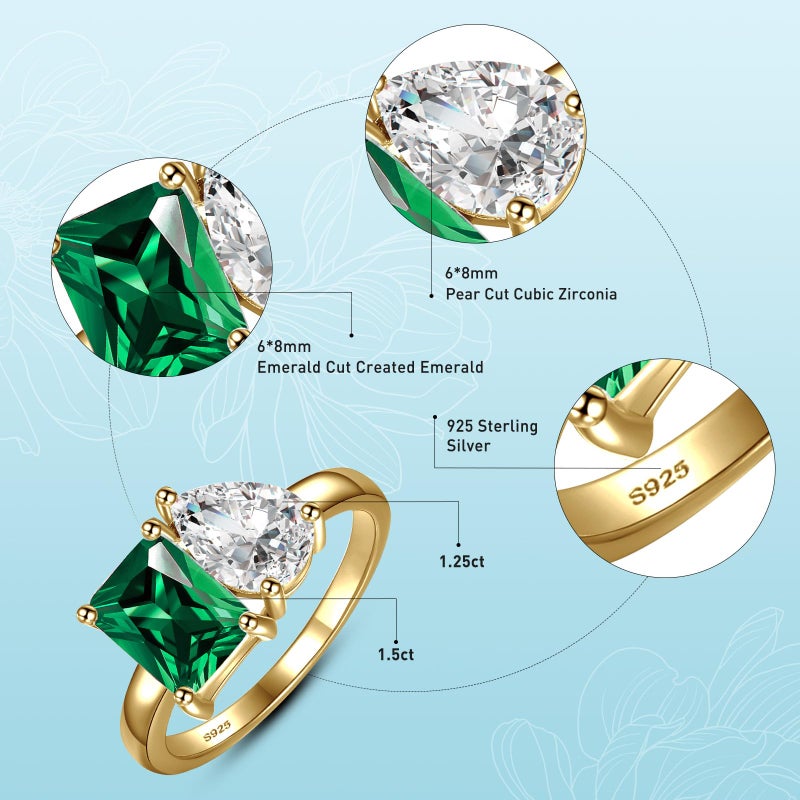 Yaresul Toi Et Moi Ring 925 Sterling Silver Women Emerald Engagement Ring 14K Gold Plated 1.5ct 6x8mm Double Stone Emerald & Pear Cut CZ Wedding Eternity Ring Width Band 2mm Size 6 - Image 3