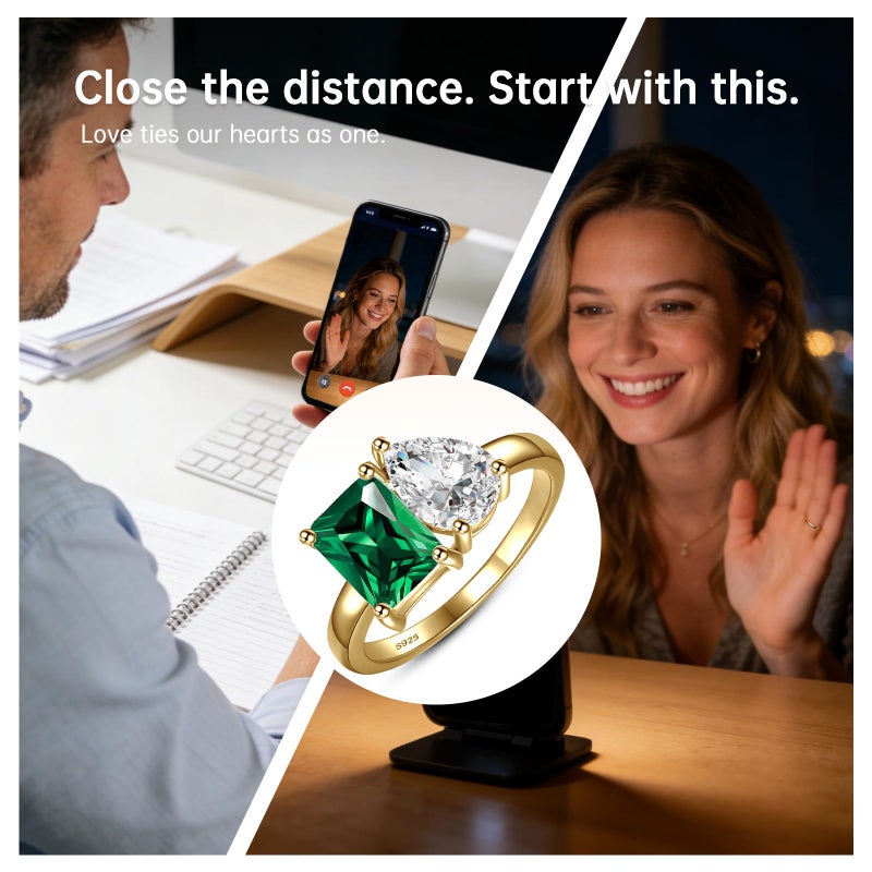 Yaresul Toi Et Moi Ring 925 Sterling Silver Women Emerald Engagement Ring 14K Gold Plated 1.5ct 6x8mm Double Stone Emerald & Pear Cut CZ Wedding Eternity Ring Width Band 2mm Size 6 - Image 4