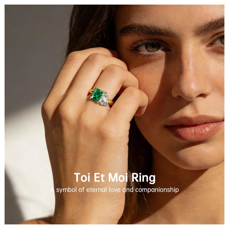 Yaresul Toi Et Moi Ring 925 Sterling Silver Women Emerald Engagement Ring 14K Gold Plated 1.5ct 6x8mm Double Stone Emerald & Pear Cut CZ Wedding Eternity Ring Width Band 2mm Size 6 - Image 5
