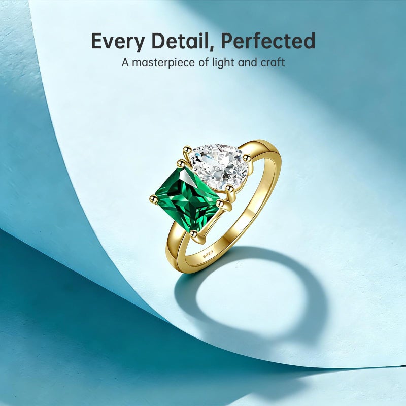 Yaresul Toi Et Moi Ring 925 Sterling Silver Women Emerald Engagement Ring 14K Gold Plated 1.5ct 6x8mm Double Stone Emerald & Pear Cut CZ Wedding Eternity Ring Width Band 2mm Size 6 - Image 2
