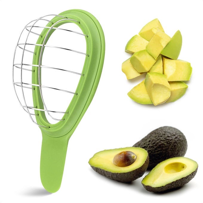 AVOCADO SLICER TOOL MULTIFUNCTION AVOCADO CUBER 32 X 63 INCHES EASY TO USE AND CLEAN STAINLESS STEEL AND FOODSAFE PLASTIC ERGONOMIC HANDLE GOOD FOR SALADS GUACAMOLE OR SMOOTHIE