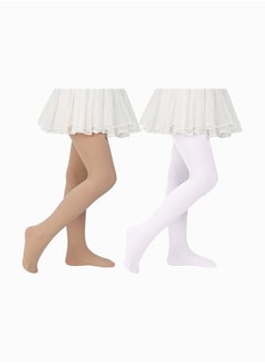 Perfectory School Uniform Tights for Girls Ballet Dance Footed Tight Ultra Soft-White & Nude-2 Pairs  - Image 1