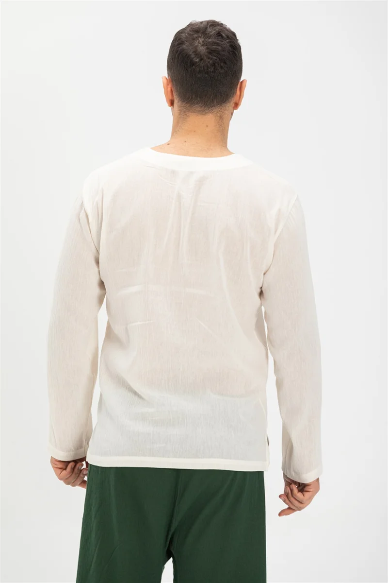 اليش شيل بيزي Uzun Kol Şile Bezi Zımbalı Erkek Tshirt Krem 3002