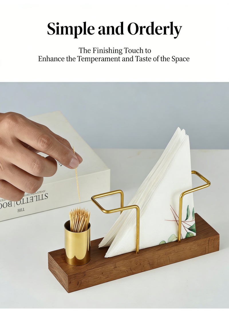 أوليس فيرس  حامل مناديل خشب الجوز والنحاس المدمج مع وعيد أعواد الأسنان – منظم طاولة أنيق للمطاعم والفنادق - Image 5