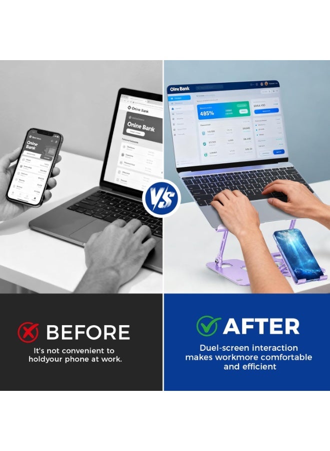 حامل لابتوب دوار 360 درجة مع حامل هاتف، حامل كمبيوتر محمول قابل للتعديل والطي، تصميم مريح مع فتحات تهوية، قاعدة رفع للابتوب للمكتب والمنزل، مناسب لأجهزة 10-17 بوصة - Image 3