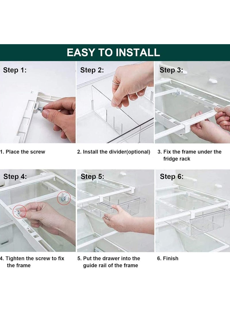 Small Fridge Drawer Organizer, Mini Refrigerator Drawers Storage Box, Fit for Fridge Shelf Under, Pull Out Refrigerator Storage Drawers for Food, Drinks, Dividers Are Removable, 0.6" (4-grid)