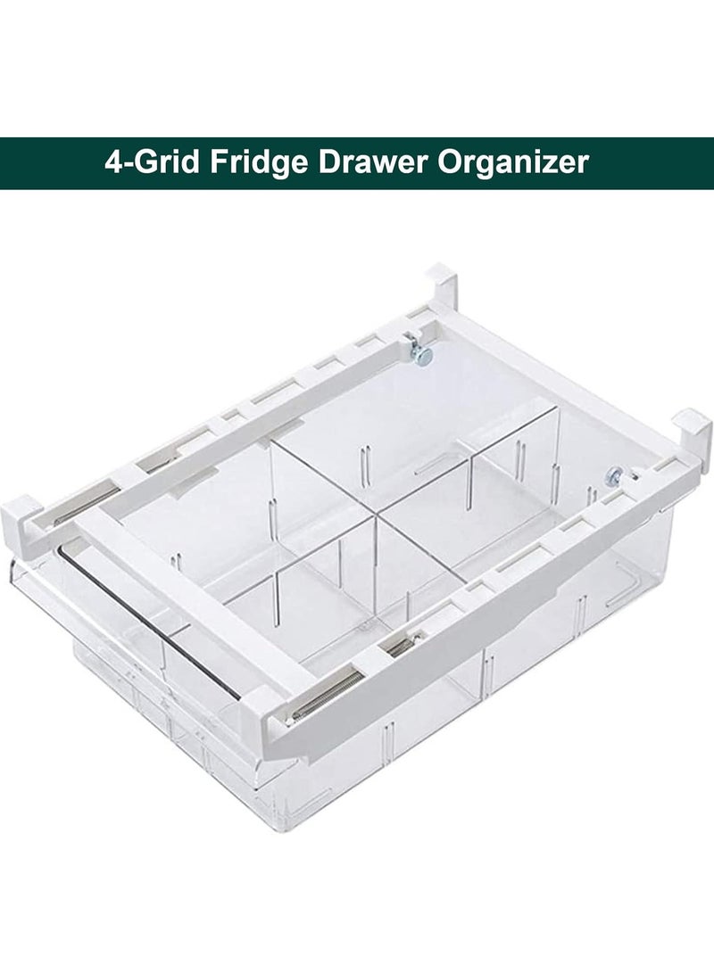 Small Fridge Drawer Organizer, Mini Refrigerator Drawers Storage Box, Fit for Fridge Shelf Under, Pull Out Refrigerator Storage Drawers for Food, Drinks, Dividers Are Removable, 0.6" (4-grid)