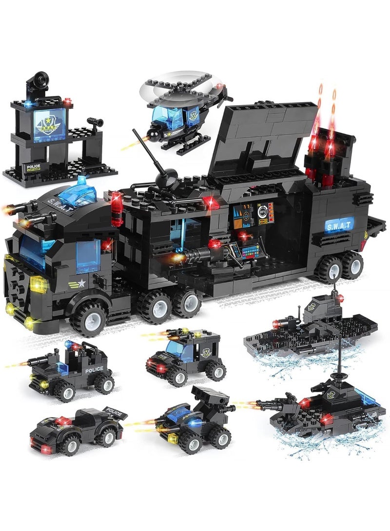 كيلا مجموعة بناء محطة المدينة، 680 قطعة من قوارب الدوريات والمروحيات، أفضل لعبة تعليمية ولعب الأدوار هدية للأولاد والبنات من سن 6 سنوات فما فوق، لعبة بناء شاحنة مركز قيادة متنقلة SWAT 8 في 1 مع سيارة - Image 1