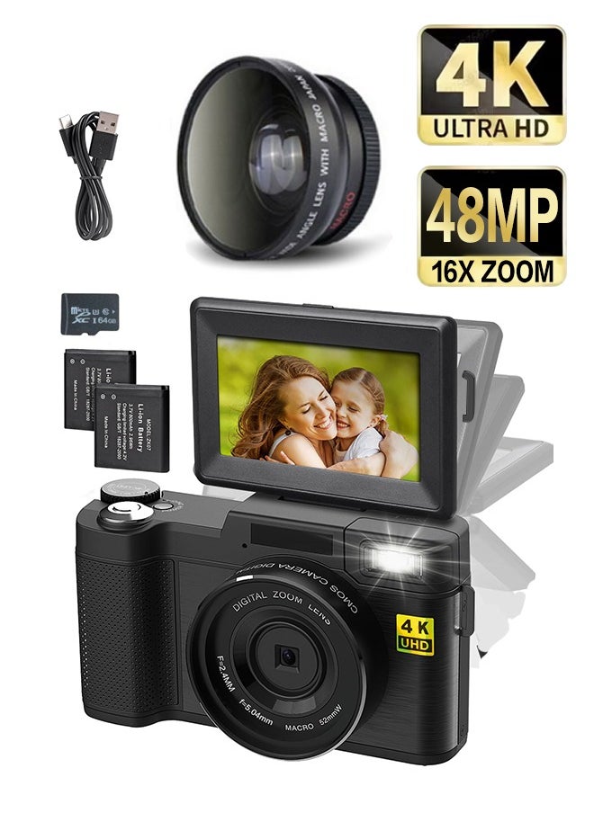 Generic - 4K Full HD 48MP Digital Video Camera ,with Wide Angle Lens,3.0 Inch Swivel Screen Camera,4x Digital Zoom,with 64GB Memory Card - Image 1