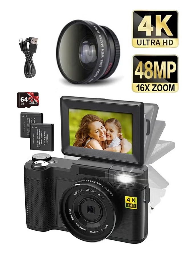 Generic 4K Full HD 48MP Digital Video Camera ,with Wide Angle Lens,3.0 Inch Swivel Screen Camera,4x Digital Zoom,with 64GB Memory Card  - Image 1
