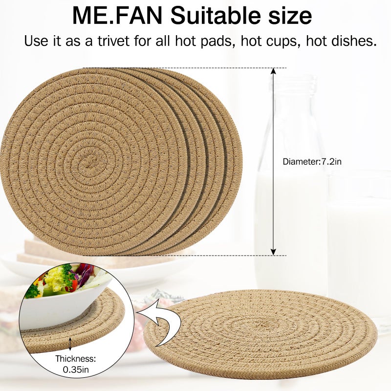 ME.FAN 7 Inch Trivets/Potholders 4 Set Cotton Thread Weave Trivets for Pots and Pans - Large Coasters/Hot Pads to Protect Desktop & Countertop - Brown - Image 2