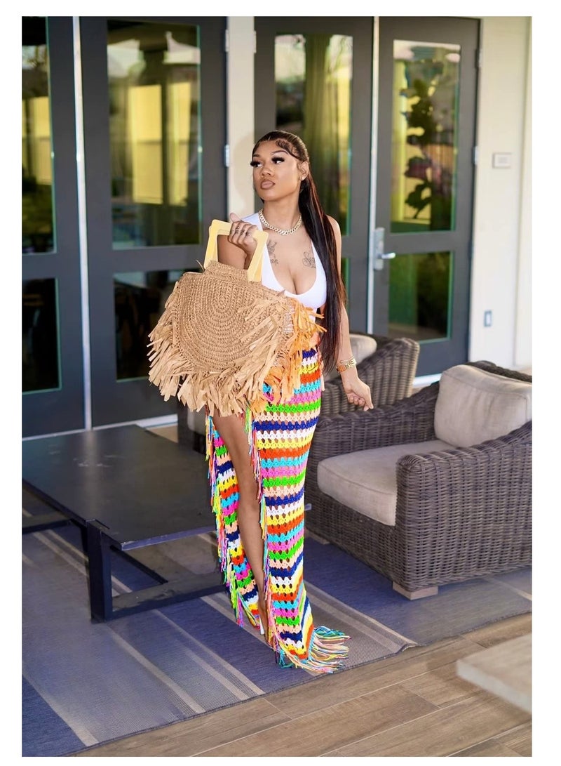 SOLARAE Women Sexy Tassel High Slit Crochet Sarongs, Wrap Coverup Summer Knit See Through Maxi Skirts, Beach Swimsuit, Versatile Fashion Accessory, Tassel Hollow Out Knit Crochet Sarong Coverup - Image 4