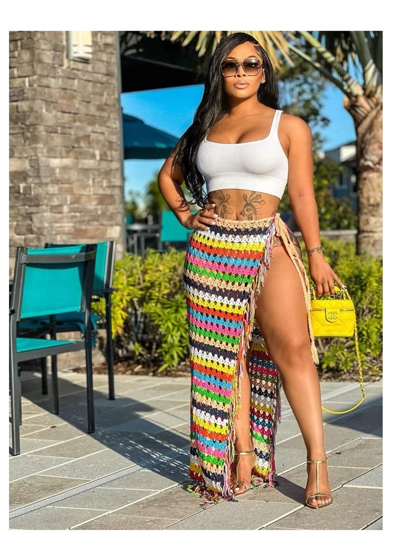 SOLARAE Women Sexy Tassel High Slit Crochet Sarongs, Wrap Coverup Summer Knit See Through Maxi Skirts, Beach Swimsuit, Versatile Fashion Accessory, Tassel Hollow Out Knit Crochet Sarong Coverup - Image 2