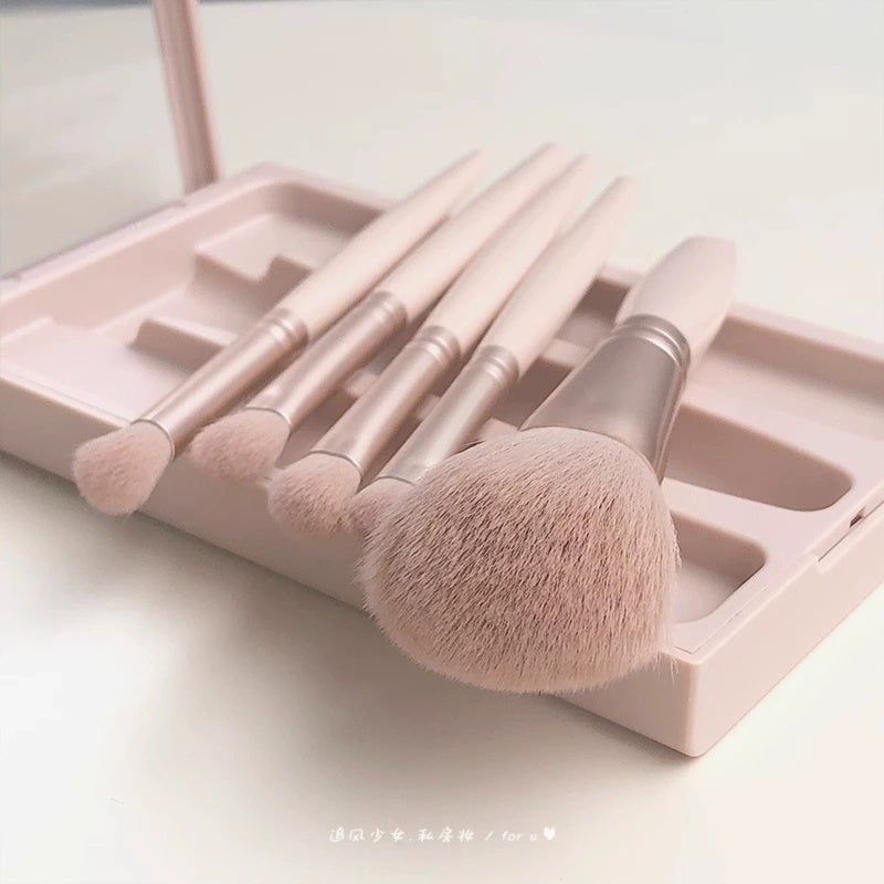 Mini Makeup Brush Set 5 Piece: Ultra Soft Artificial Fiber Bristles - Durable Plastic Handle, Dark Pink Compact Box With Mirror for Travel On-the-go Makeup Application - Image 3