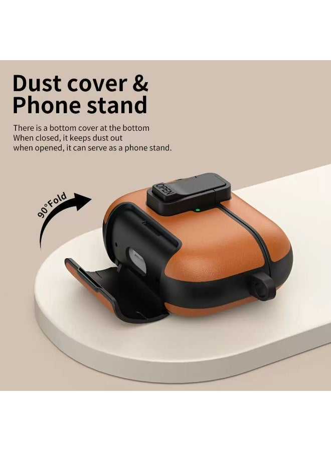 DKNG This PU leather headphone protective case is compatible with AirPods Pro 3, featuring a magnetic stand design and shockproof lock. The Apple Pro 3 case supports wireless charging through the case and comes with a metal clasp. Color: light brown. - Image 5