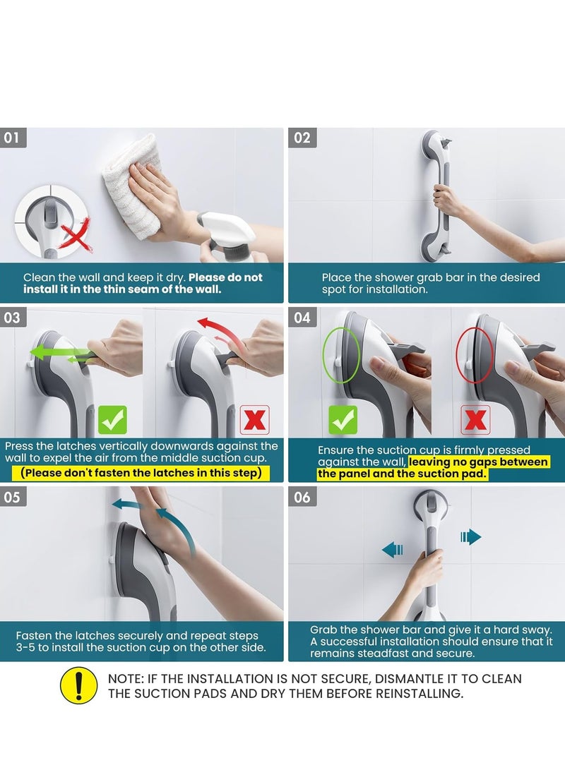 قضبان إمساك للاستحمام والدش عبوة من 2 قضيب إمساك بمص suction، مقبض دش ثقيل التحمل، درابزينات استحمام قابلة للإزالة لكبار السن والشيخوخة، قبضة أمان في الحمام بدون حفر، مقاومة للماء، باللون الرمادي.  - Image 5