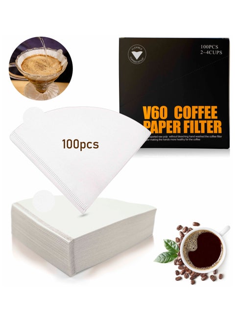 V60 Paper Filter White Made from Wood Pulp Size 2-4 Cups 100pcs with Box V Shape or Cone Shape Ideal for V60 Pour Over and Drip Coffee Makers