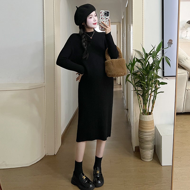 2024 Autumn Winter Maternity Plaid Vest  Turtleneck Sweater Dress Set Black vest + black skirt suit 