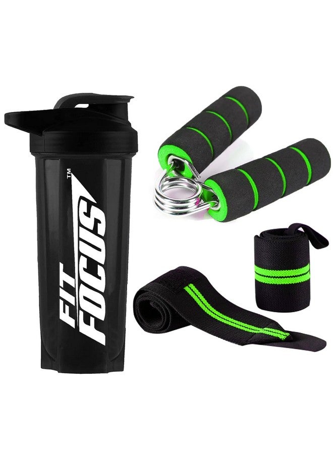 FIT FOCUS Protein Gym Shaker with Wrist Band and Wooden Gripper for Gym & Fitness Kit |Gym Shaker | Workout Shaker | Wrist Wrap | Gym Hand Band | Wrist Support Band | 700ml Shaker | Hand Gripper (Green) - Image 1