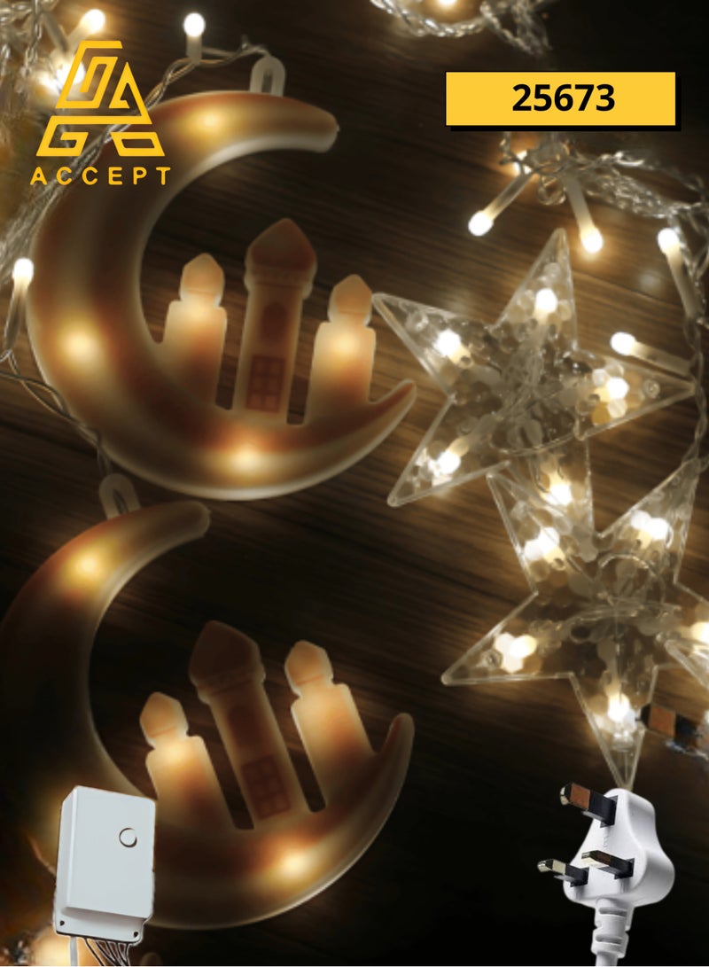 Ramadan Crescent Moon and Star Electric Decoration Yellow Light with 8 Different Lighting Modes - Image 1