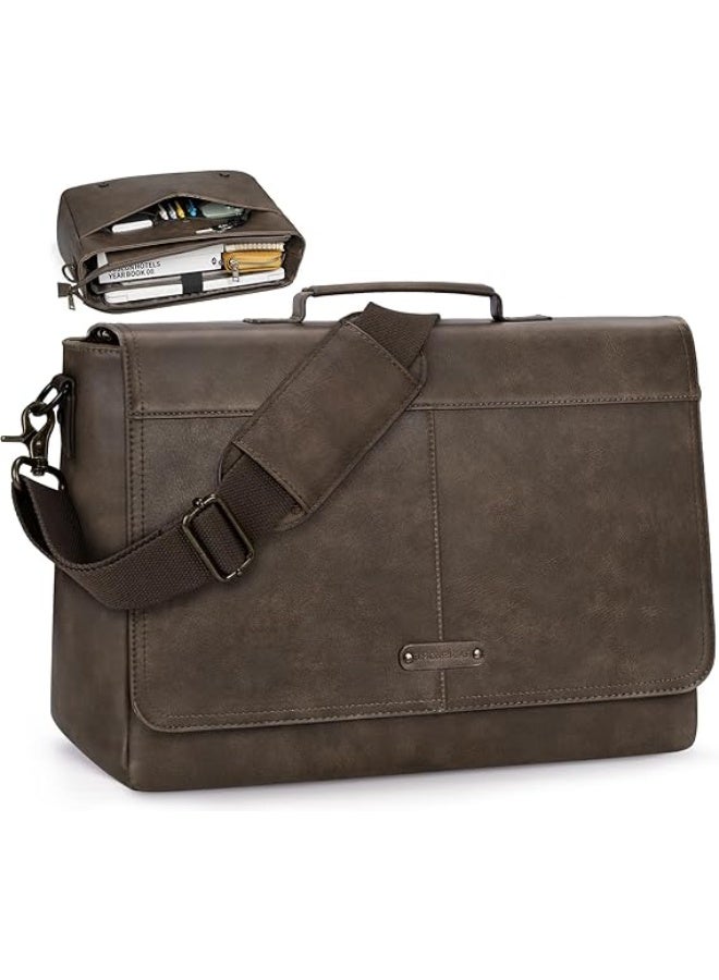 RAINSMORE Vintage Flap Messenger Bag for Men PU Leather Laptop Bag 15.6 Inch Mens Briefcase Waterproof Satchel Computer Bag - Image 1
