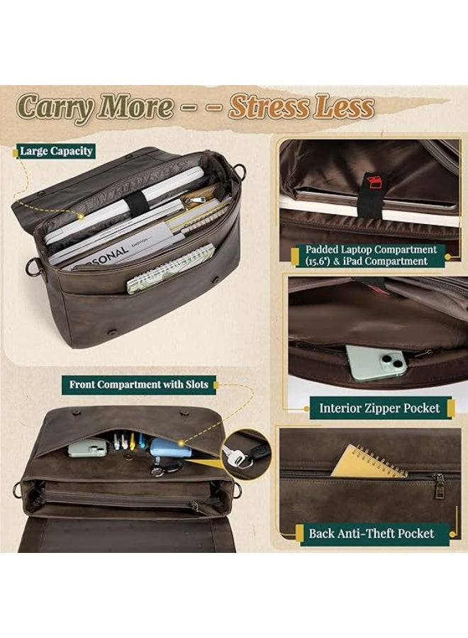 RAINSMORE Vintage Flap Messenger Bag for Men PU Leather Laptop Bag 15.6 Inch Mens Briefcase Waterproof Satchel Computer Bag - Image 4
