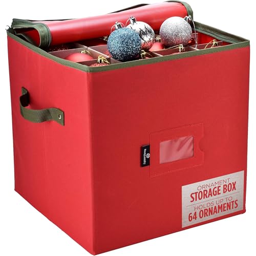 Handy Laundry Christmas Ornament Storage Stores upto 64 Holiday Ornaments Adjustable Dividers Zippered Top Two Handles Storage Box Keeps Holiday Decorations Clean and Dry for Next Season Red