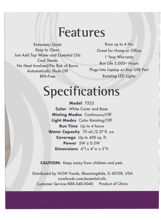 now Essential Oils, Ultrasonic USB Aromatherapy Oil Diffuser, Extremely Quiet, Heat Free, and Easy to Clean, Color Changing LED Diffuser - Image 2