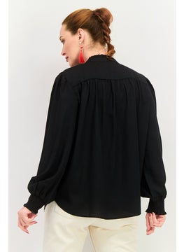 Black Tape Women Tie Neck Long Sleeves Plain Top, Black  - Image 2