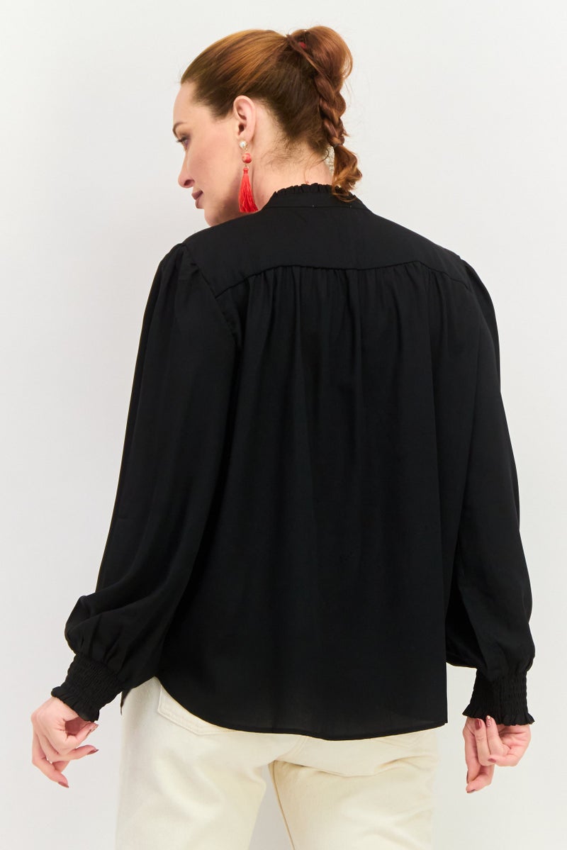Black Tape Women Tie Neck Long Sleeves Plain Top, Black  - Image 2