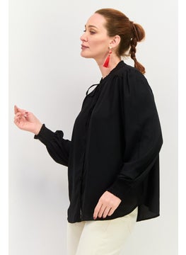 Black Tape Women Tie Neck Long Sleeves Plain Top, Black  - Image 3