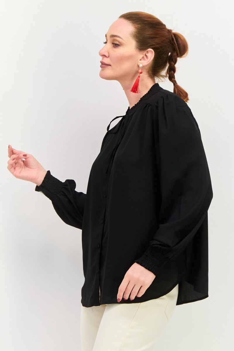 Black Tape Women Tie Neck Long Sleeves Plain Top, Black  - Image 3