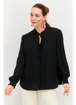 Black Tape Women Tie Neck Long Sleeves Plain Top, Black  - Image 1