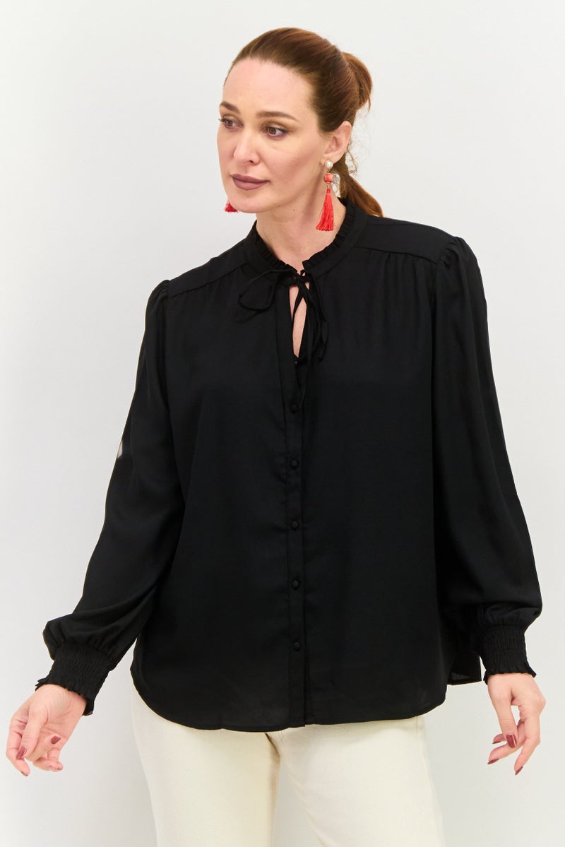 Black Tape Women Tie Neck Long Sleeves Plain Top, Black  - Image 1