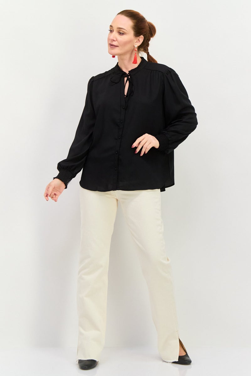 Black Tape Women Tie Neck Long Sleeves Plain Top, Black  - Image 4