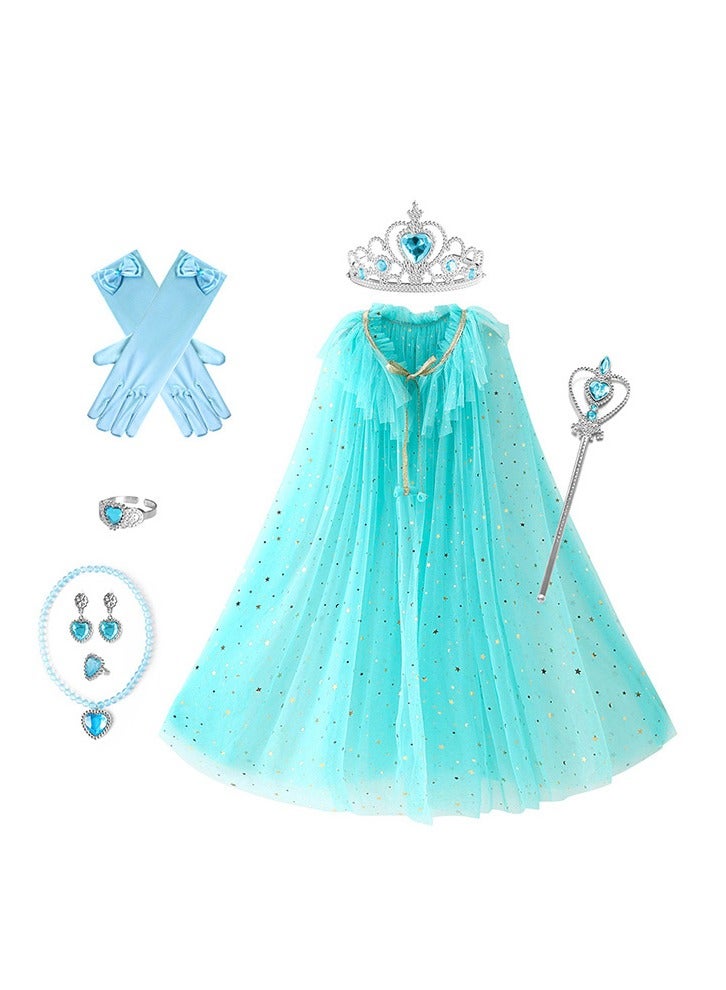 Princess Cape Costume Set Girls Princess Dress Up Party Cosplay Cloak with Jewelry Tiara Crown Wand Gloves ( blue) - Image 1