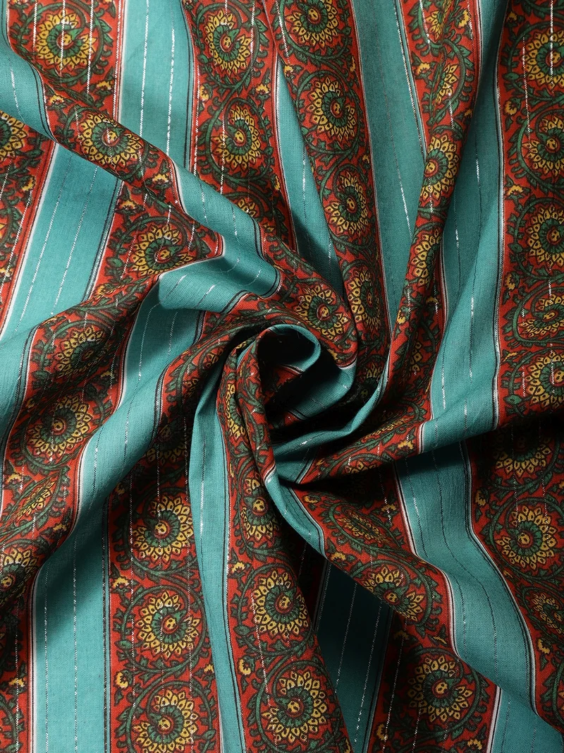 أيه كيه إس Teal and Rust Floral Print Fabric with Lurex Stripes