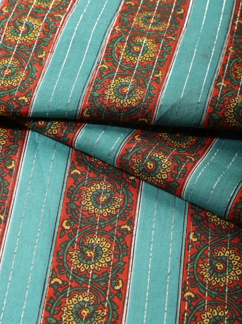 أيه كيه إس Teal and Rust Floral Print Fabric with Lurex Stripes