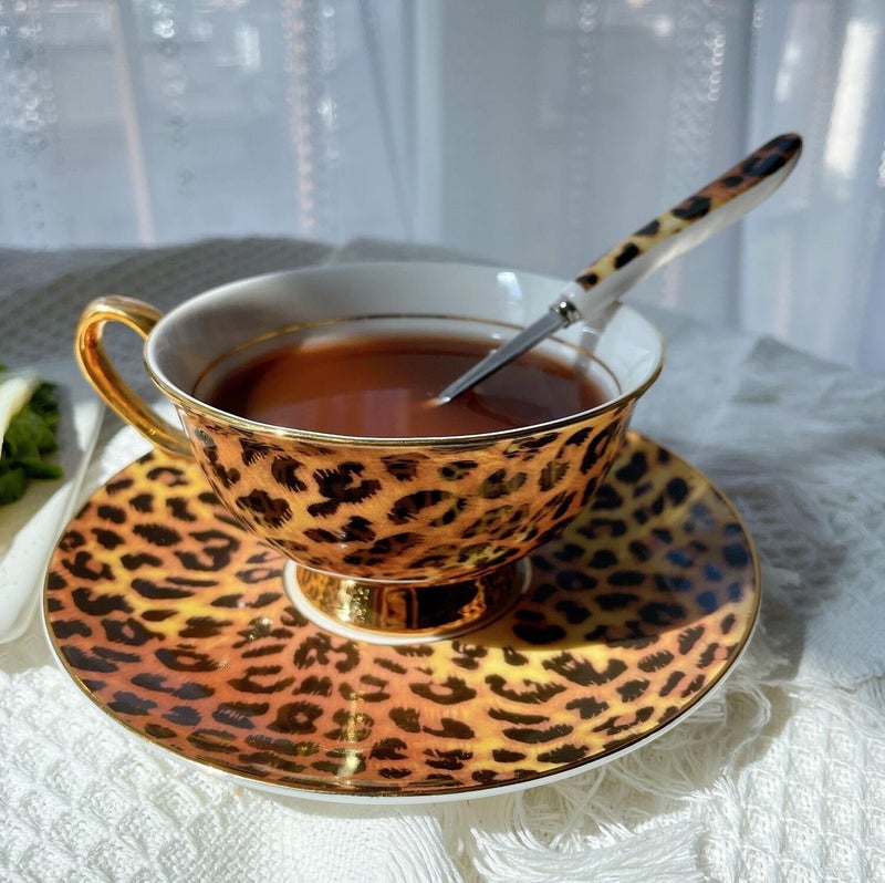 Eplze YBK Tech Euro Style Bone China Cup& Saucer Set, Ceramic Tea Coffee Cup for Home Kitchen Wedding (Leopard Pattern) - Image 5