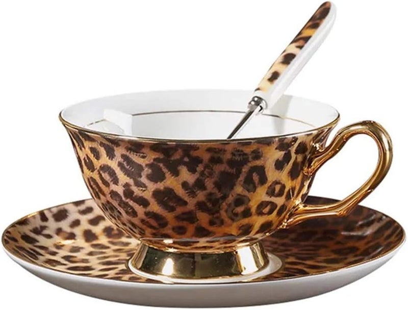 Eplze YBK Tech Euro Style Bone China Cup& Saucer Set, Ceramic Tea Coffee Cup for Home Kitchen Wedding (Leopard Pattern) - Image 1