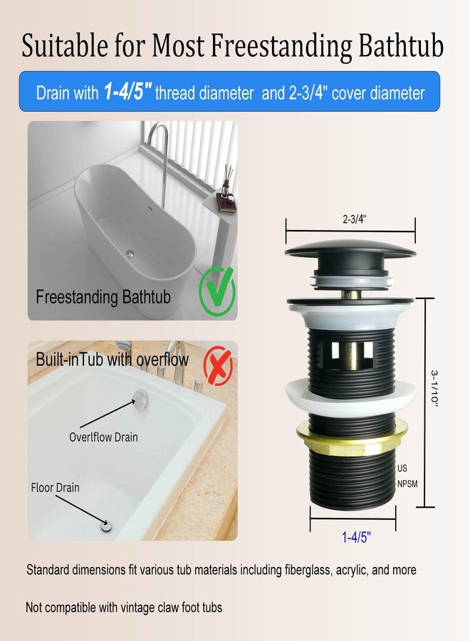 YYinno Brass Freestanding Tub Drain Kit, Pop-Up Bathtub Drain Stopper, Easy Install Click Clack Drain Replacement for Most Stand Alone Bathtubs, Leak-Proof (Mathe Black) - Image 2