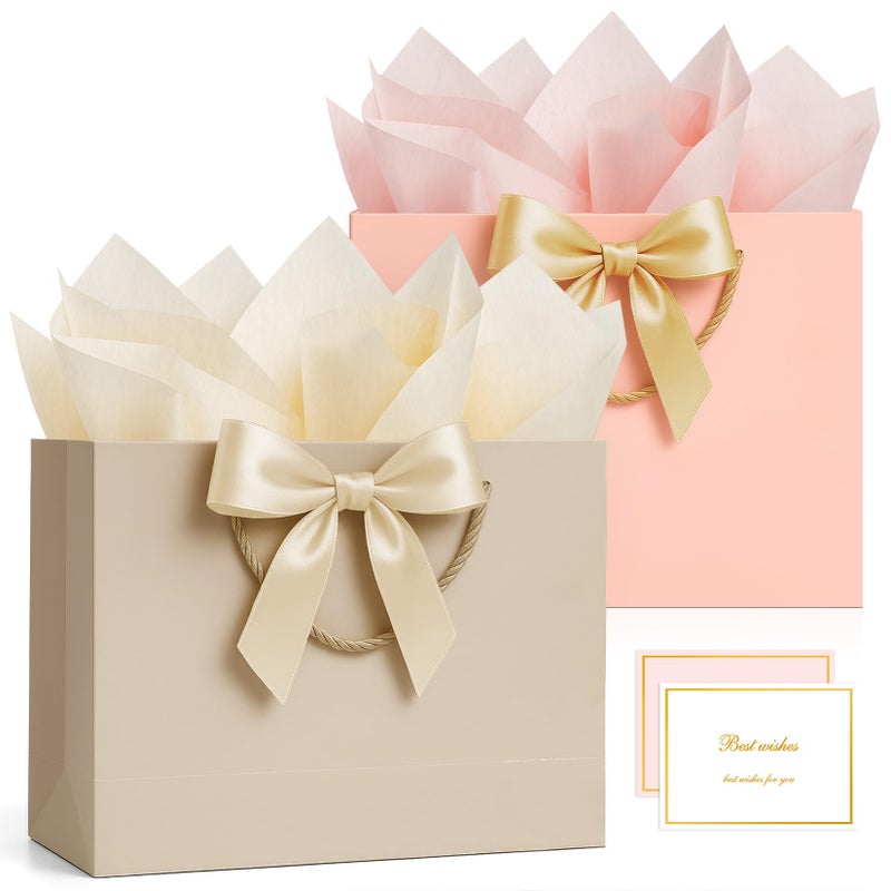 ANZNKU 2PCS Gift Bags Medium Size, Gift Wrap Bags for Women with Handles 4 Tissue Paper 2 Ribbon 2 Cards, Cute Present Bags for Wedding Favors Birthday Engagement Bridal Baby Shower Party(Beige+Pink) - Image 1