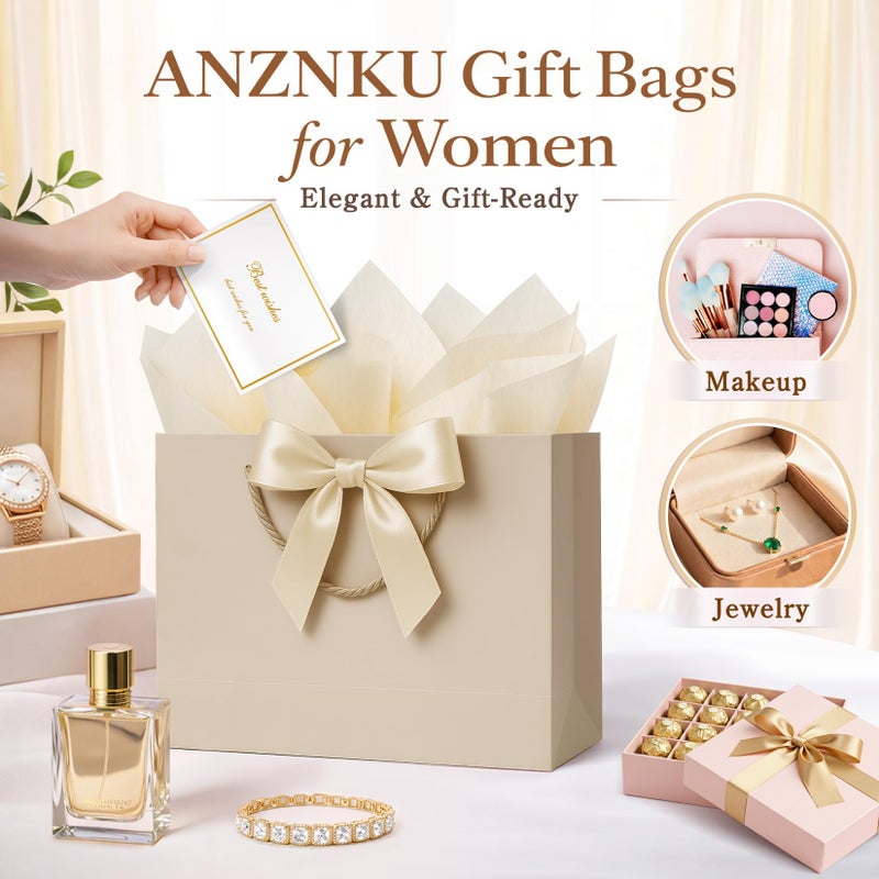 ANZNKU 2PCS Gift Bags Medium Size, Gift Wrap Bags for Women with Handles 4 Tissue Paper 2 Ribbon 2 Cards, Cute Present Bags for Wedding Favors Birthday Engagement Bridal Baby Shower Party(Beige+Pink) - Image 5